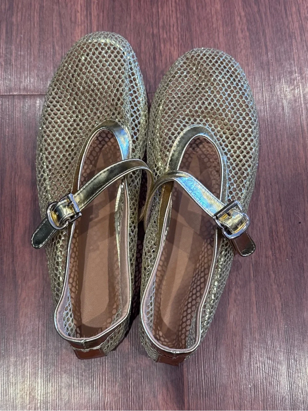Metallic Gold Mesh Mary Jane Flats with Buckle Strap